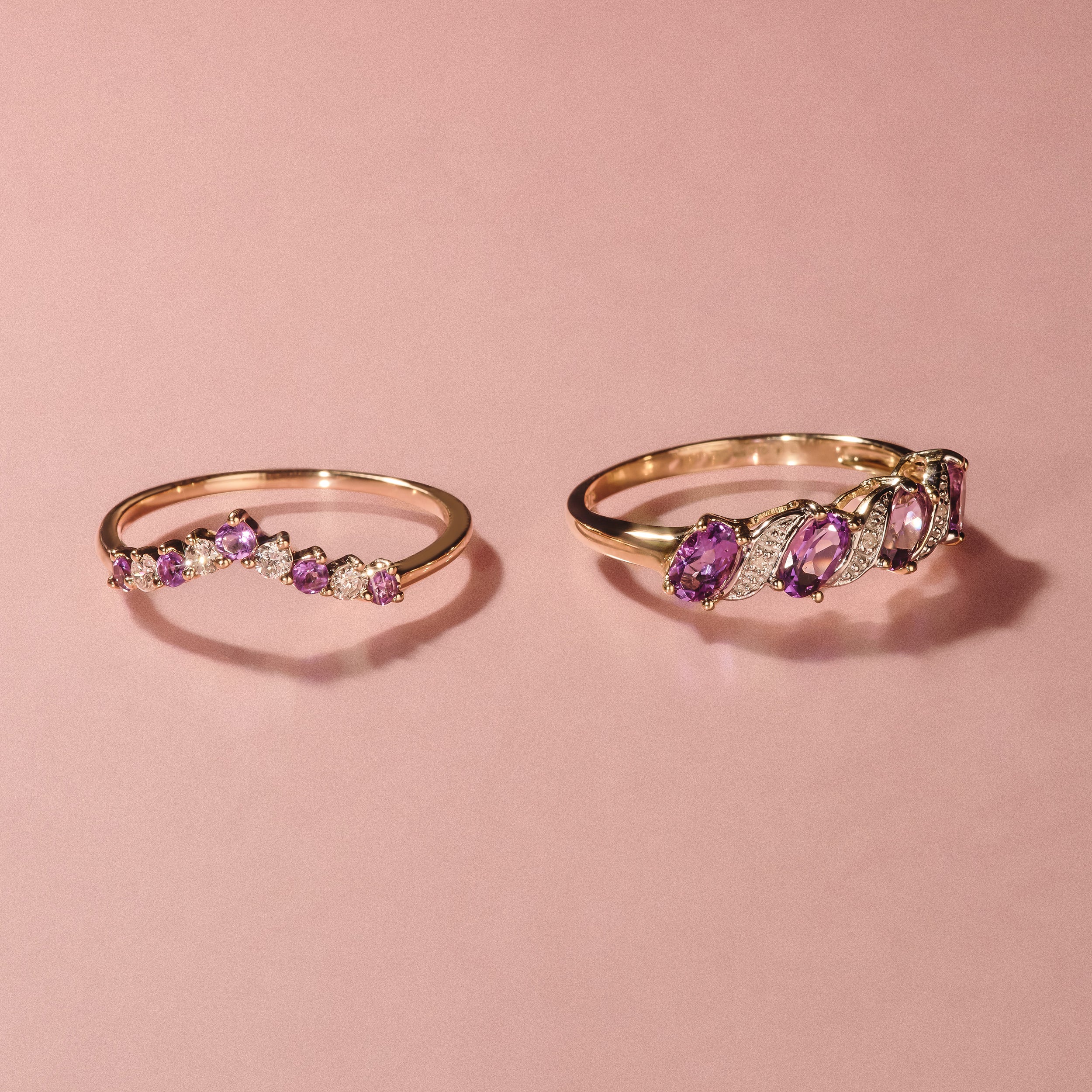Amethyst and Lab Diamond Wishbone Ring in 9K Yellow Gold